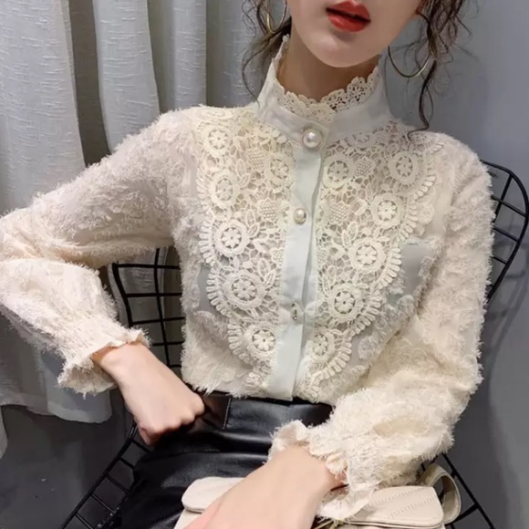 Lace Blouse Button Up Collar Floral Puff Sleeve White Cream top shirt - Picture 7 of 7